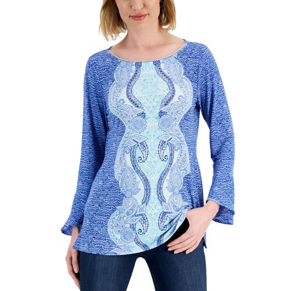 JM Collection Printed Flared Sleeve Top